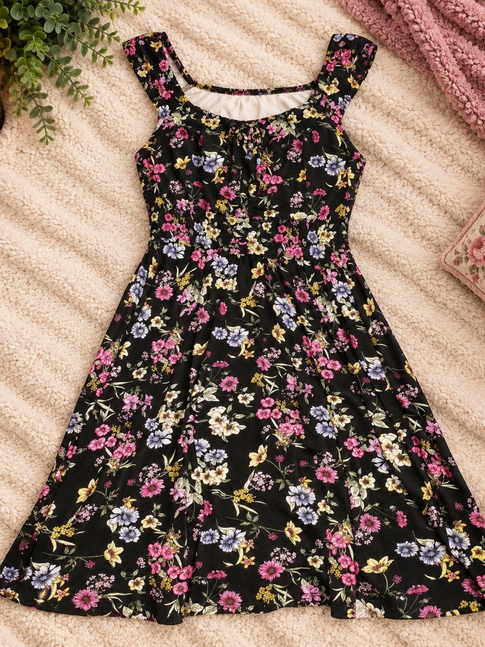 Black Floral Sundress - Pink, Yellow & Lavender Flowers